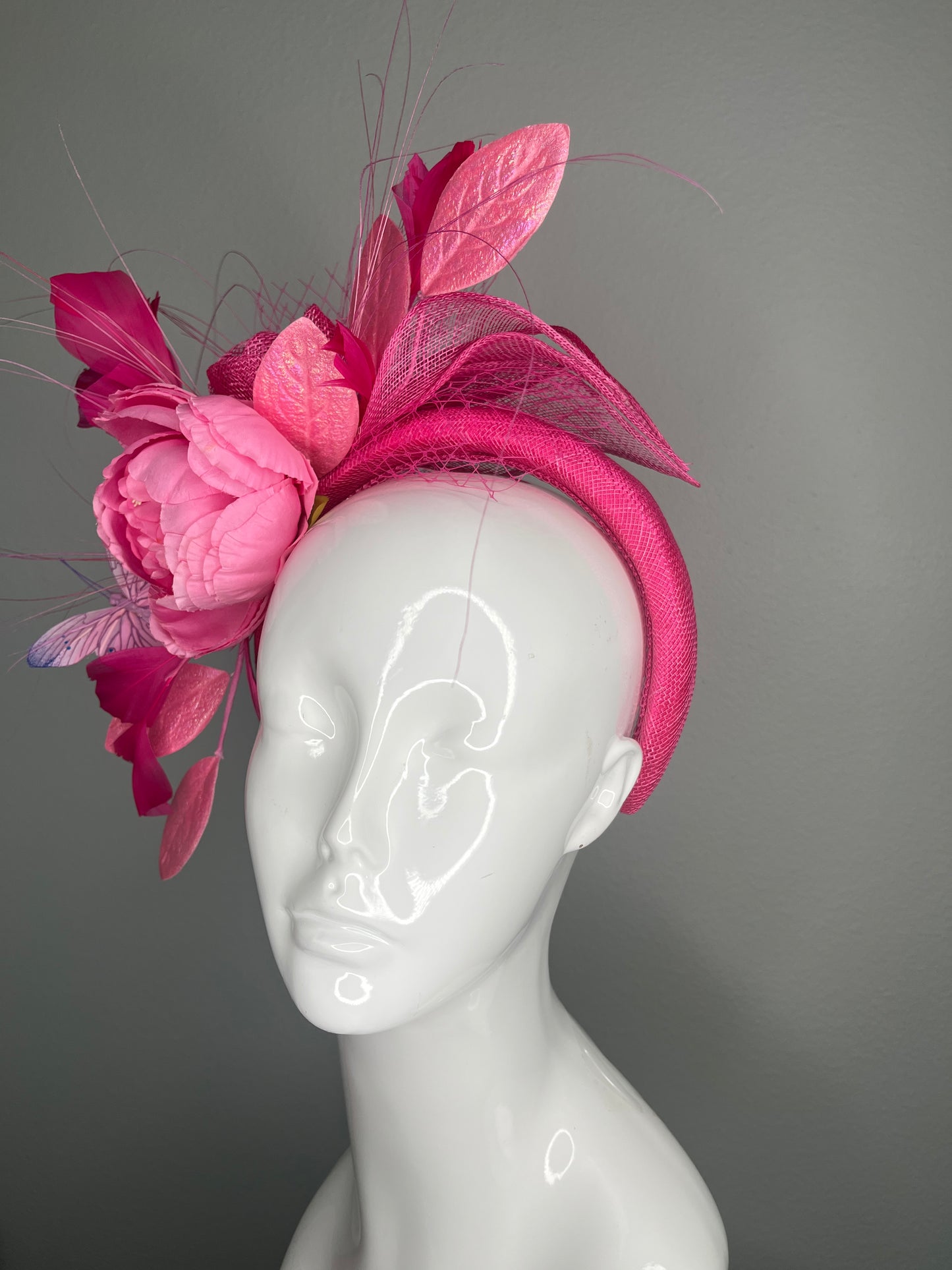 Pink Floral Fascinator Headband with Feathers Butterfly and Iridescent Leaves Kentucky Derby