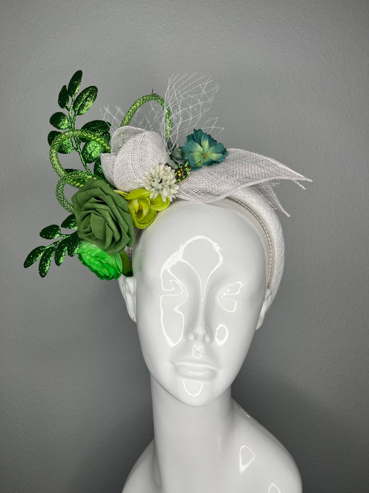 Green and White Floral Fascinator with Veiling and Glitter Leaves