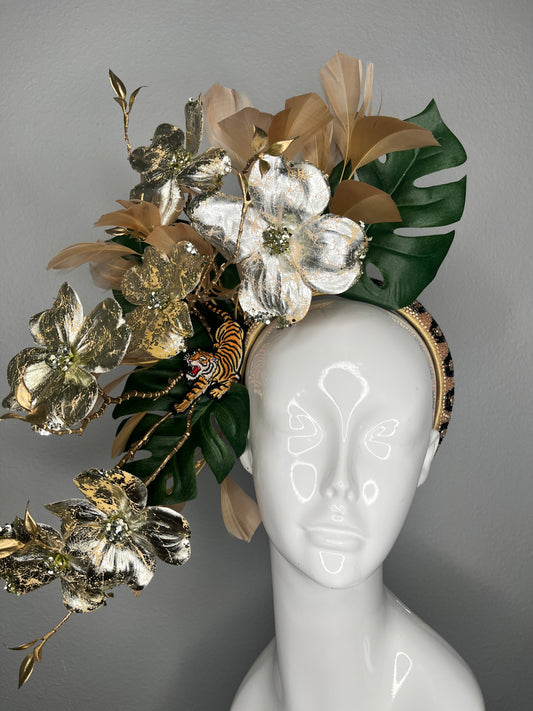 Gold Floral Tiger Fascinator with Tropical Leaves and Feathers Kentucky Derby Tiki