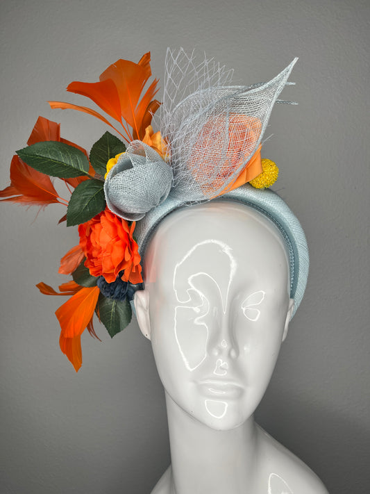 Orange and Light Blue Floral Fascinator with Feathers and Veiling Kentucky Derby