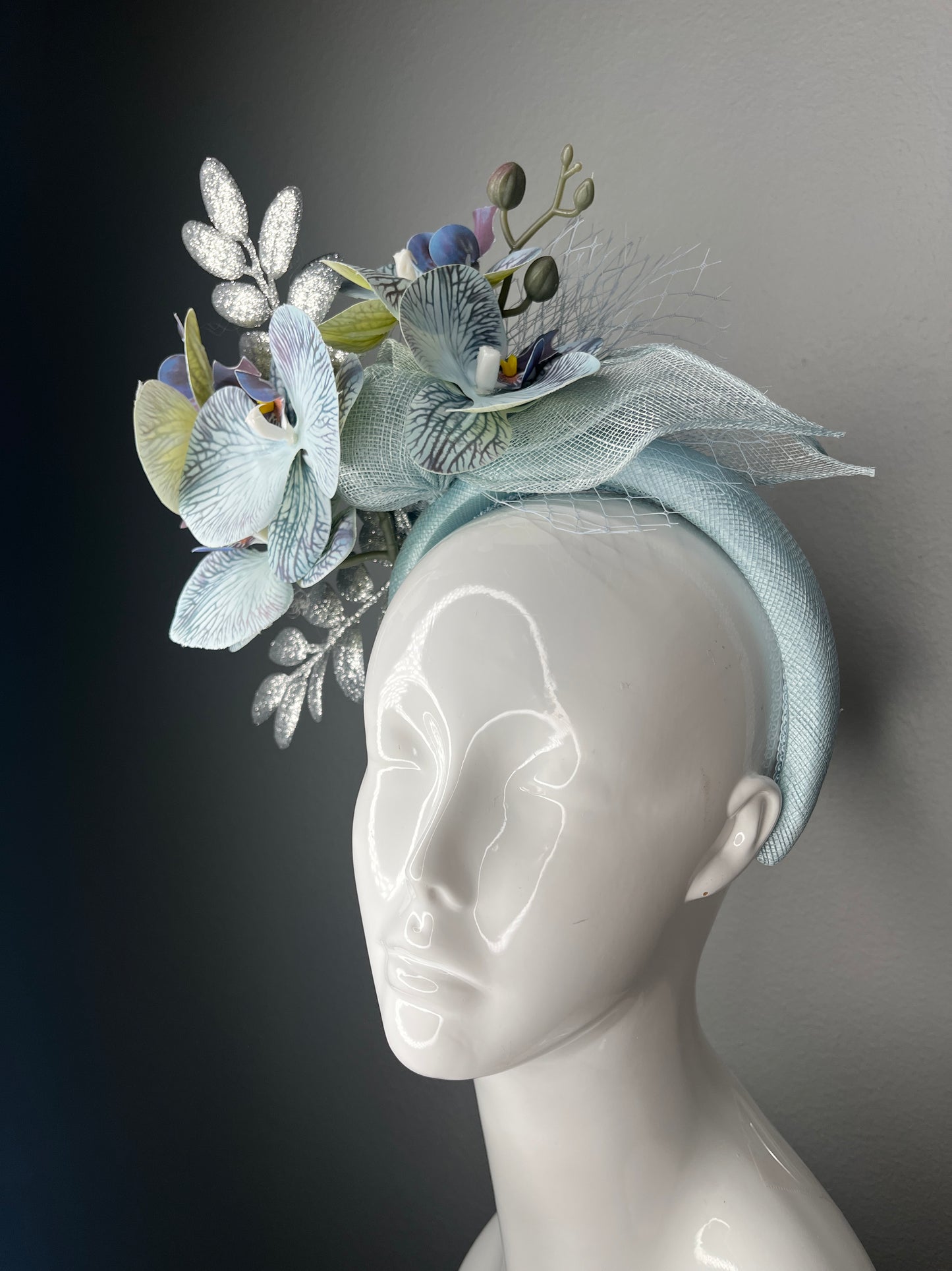 Light Blue Orchid Fascinator with Silver Leaves and Veiling Kentucky Derby