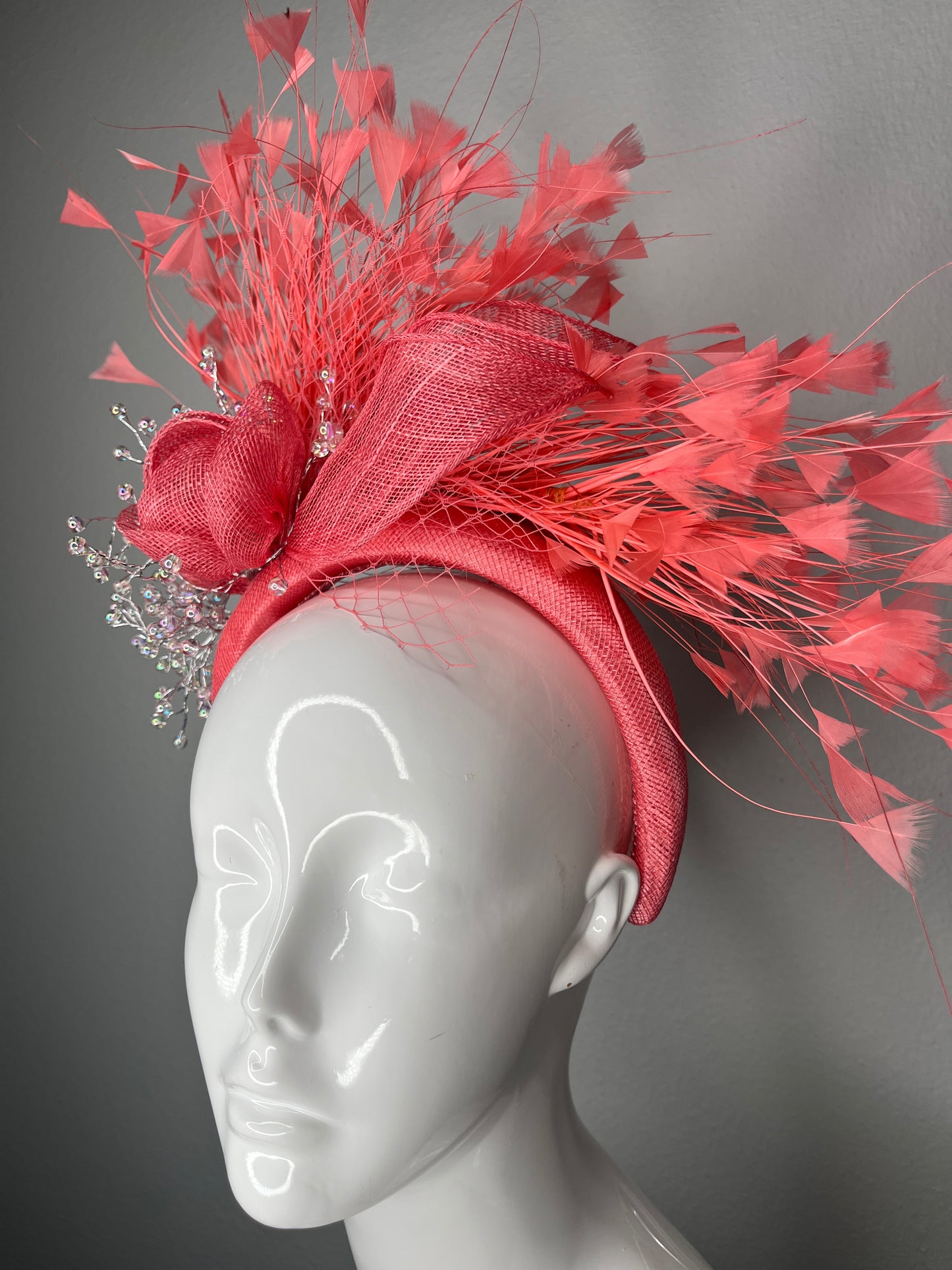 Coral Feather Fascinator with Sparkling Accents and Veiling Kentucky Derby