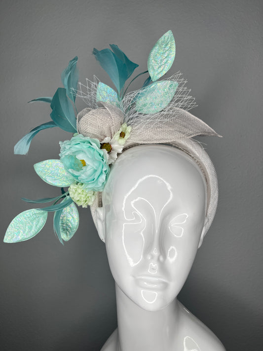 Aqua Blue Green Turquoise and White Floral Fascinator with Feathers and Decorative Mint Leaves