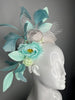 Aqua Blue Green Turquoise and White Floral Fascinator with Feathers and Decorative Mint Leaves