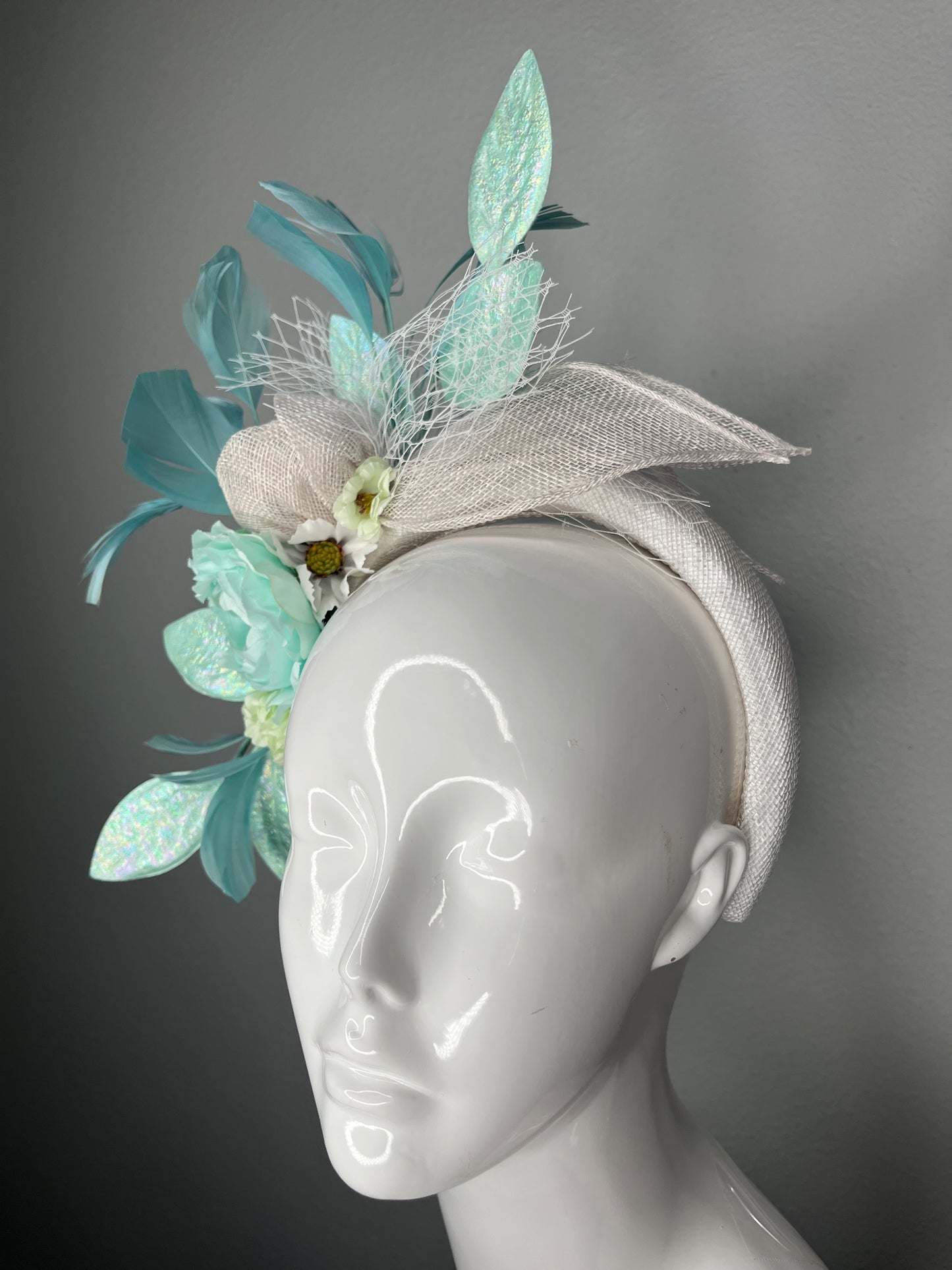 Aqua Blue Green Turquoise and White Floral Fascinator with Feathers and Decorative Mint Leaves