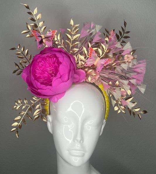 Golden Bloom Butterfly Fascinator Luxe Headpiece with Pink Peony and Gold Accents