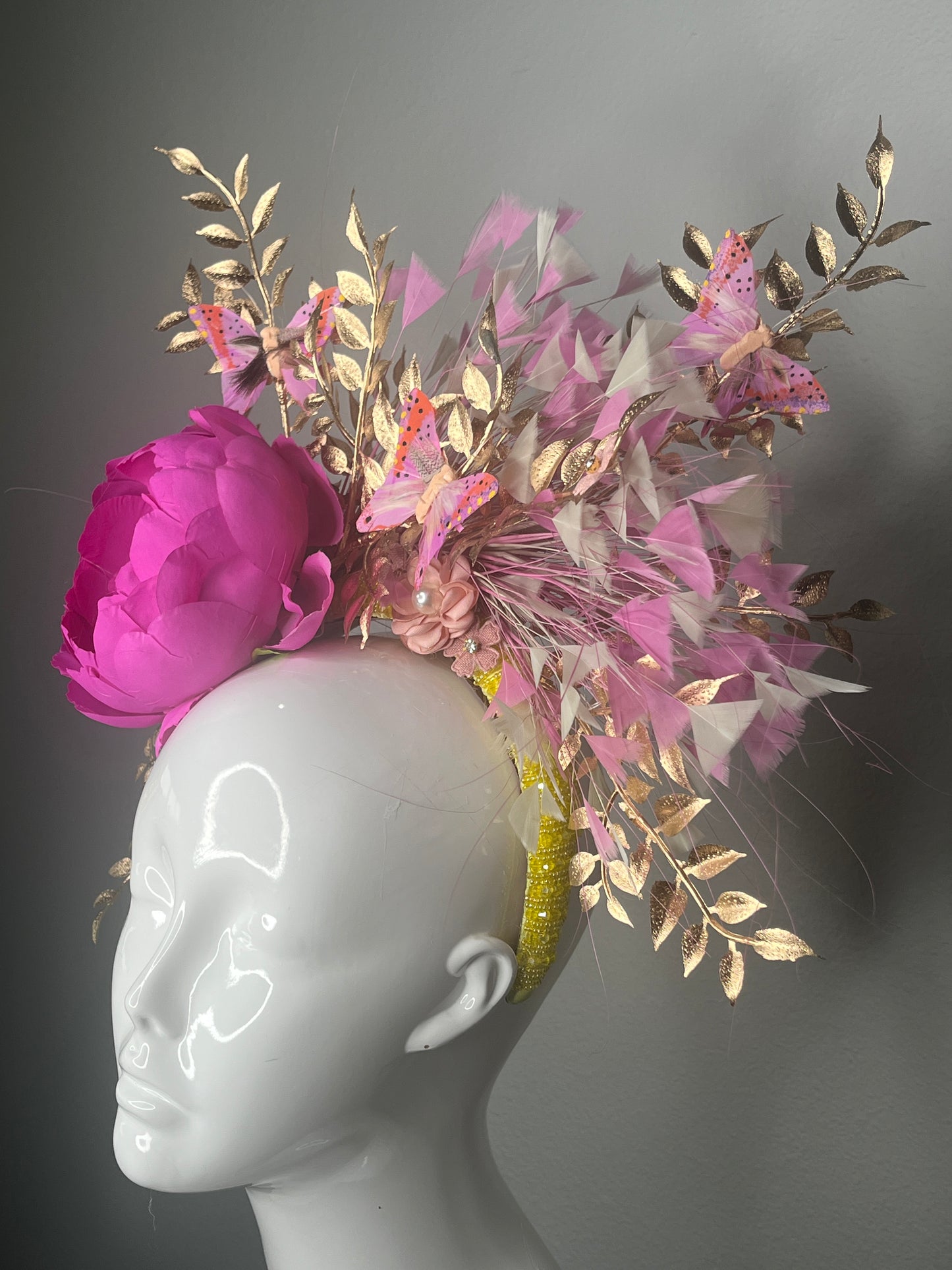 Golden Bloom Butterfly Fascinator Luxe Headpiece with Pink Peony and Gold Accents