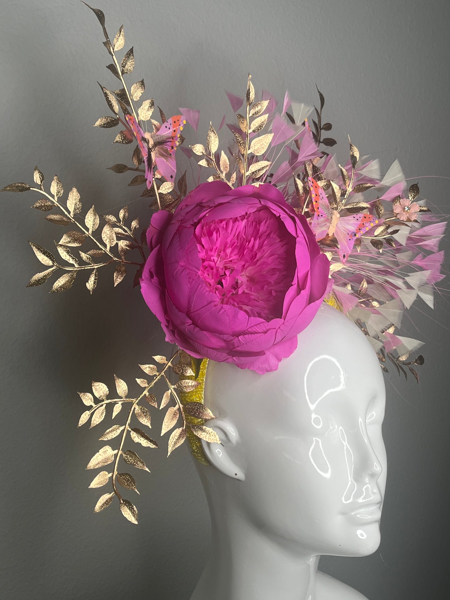 Golden Bloom Butterfly Fascinator Luxe Headpiece with Pink Peony and Gold Accents