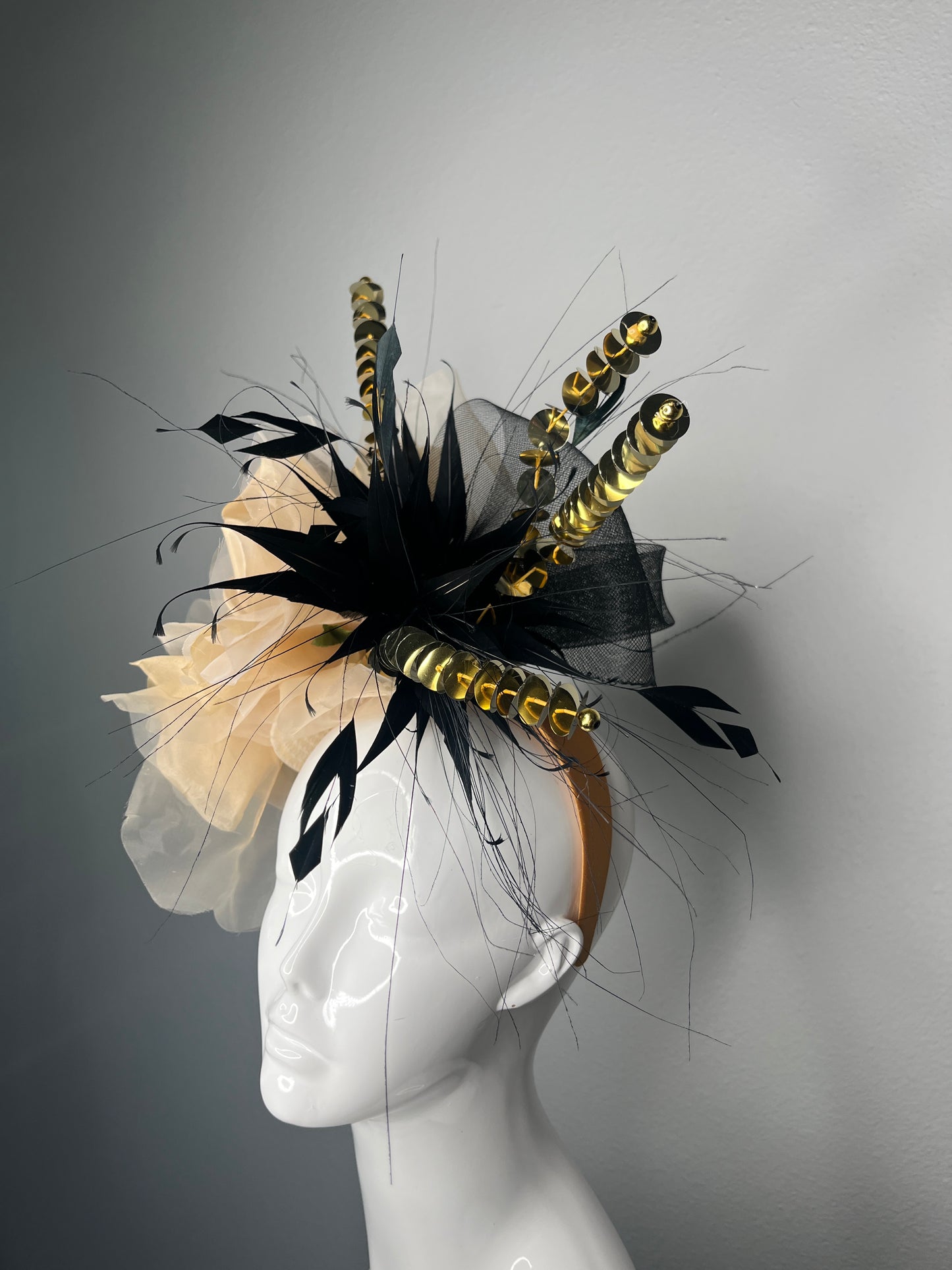 Champagne Showstopper Gold & Black Statement Fascinator