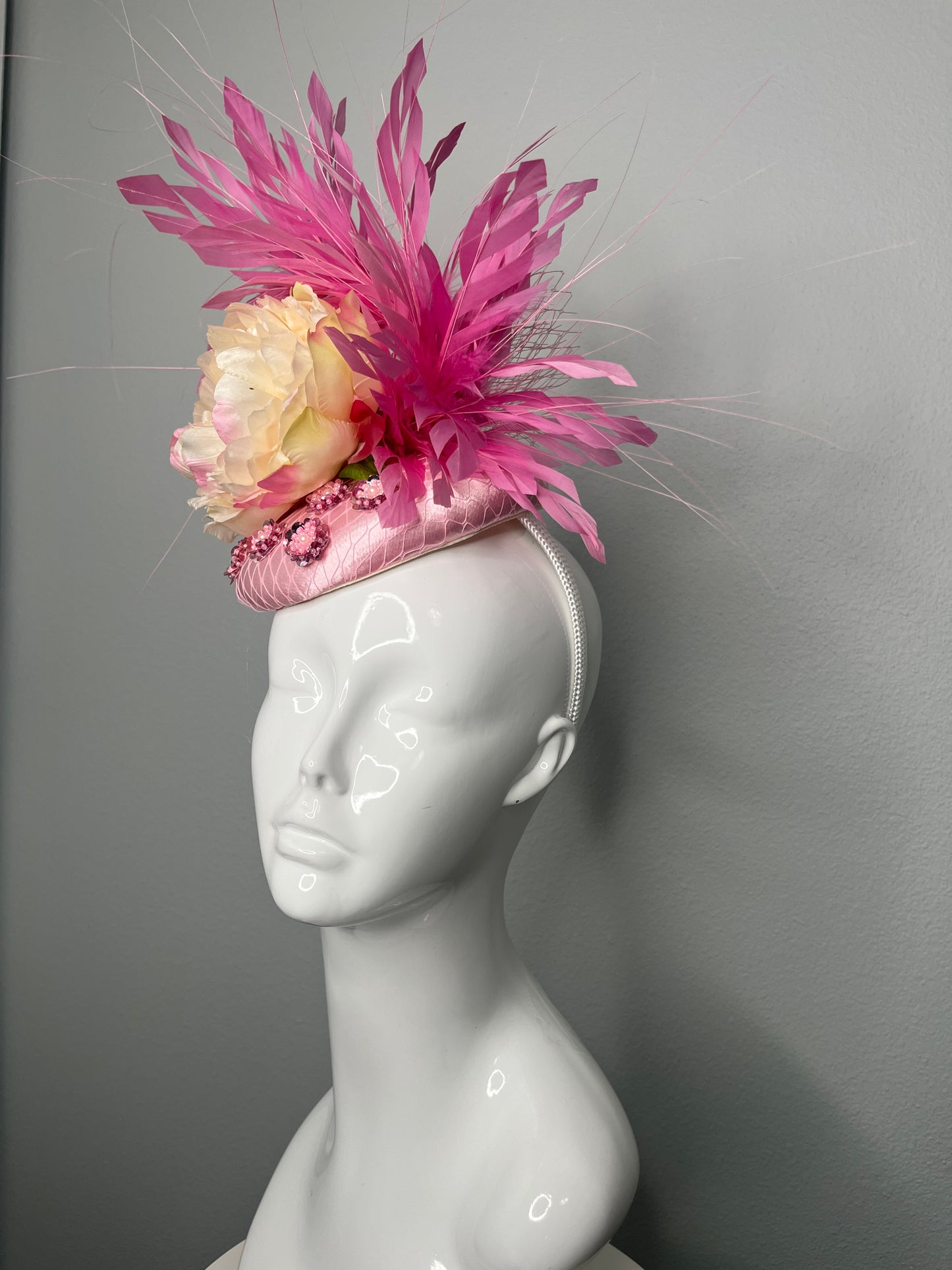Pink Peony Floral and Pink Feather Burst Fascinator