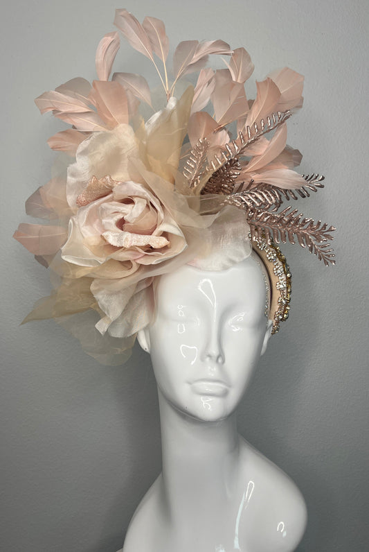 Blush Champagne Statement Fascinator with Oversized Silk Rose and Feather Detail