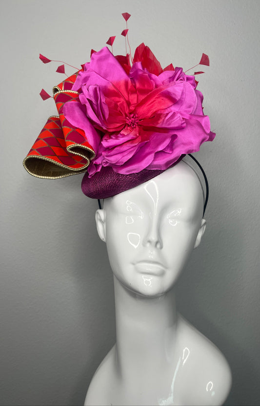 Fuchsia Fireworks Fascinator with Sculpted Ribbon and Silk Bloom