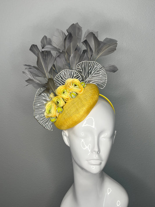 Yellow and Grey Floral Feather Fascinator Hat