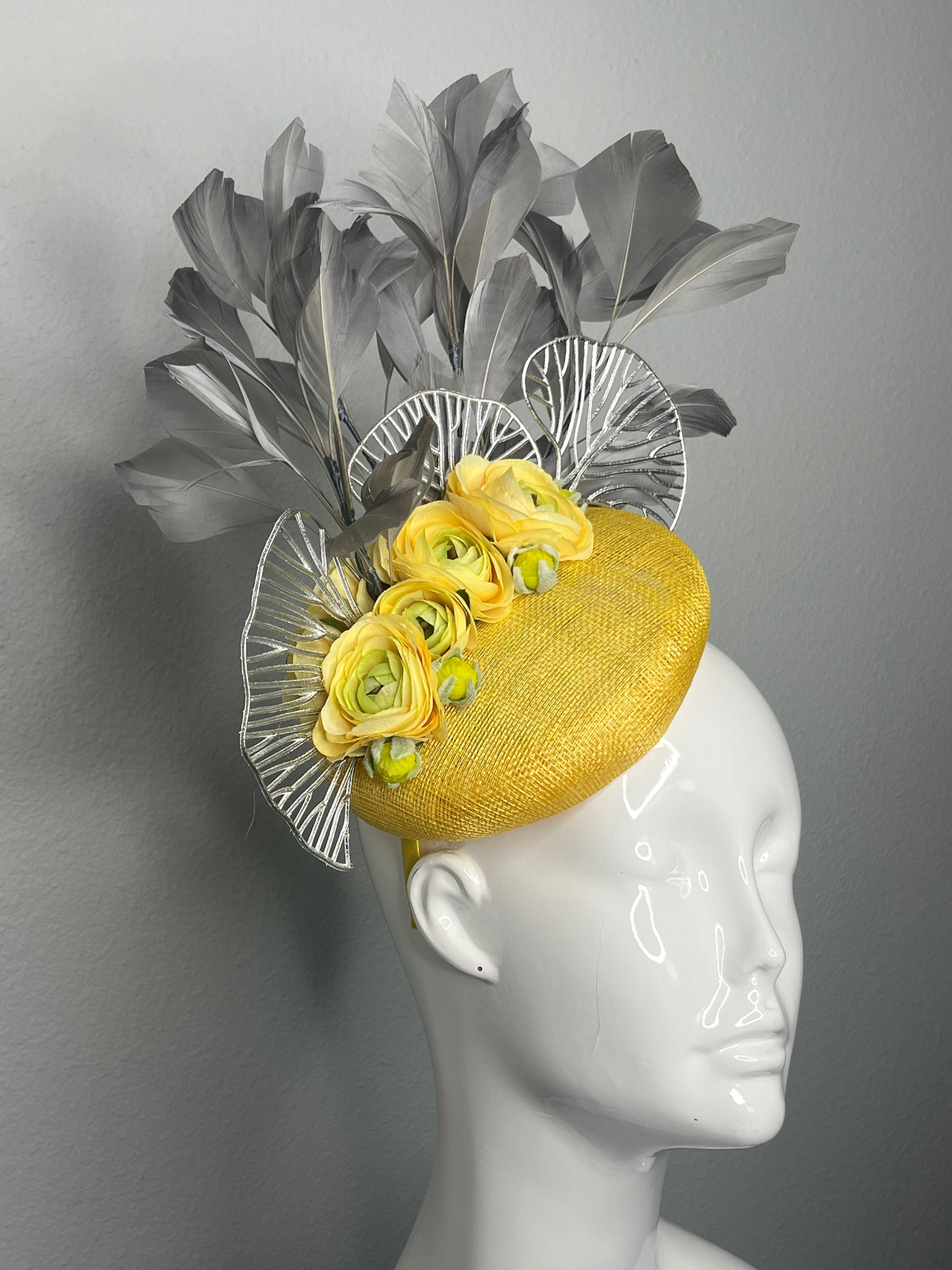 Yellow and Grey Floral Feather Fascinator Hat