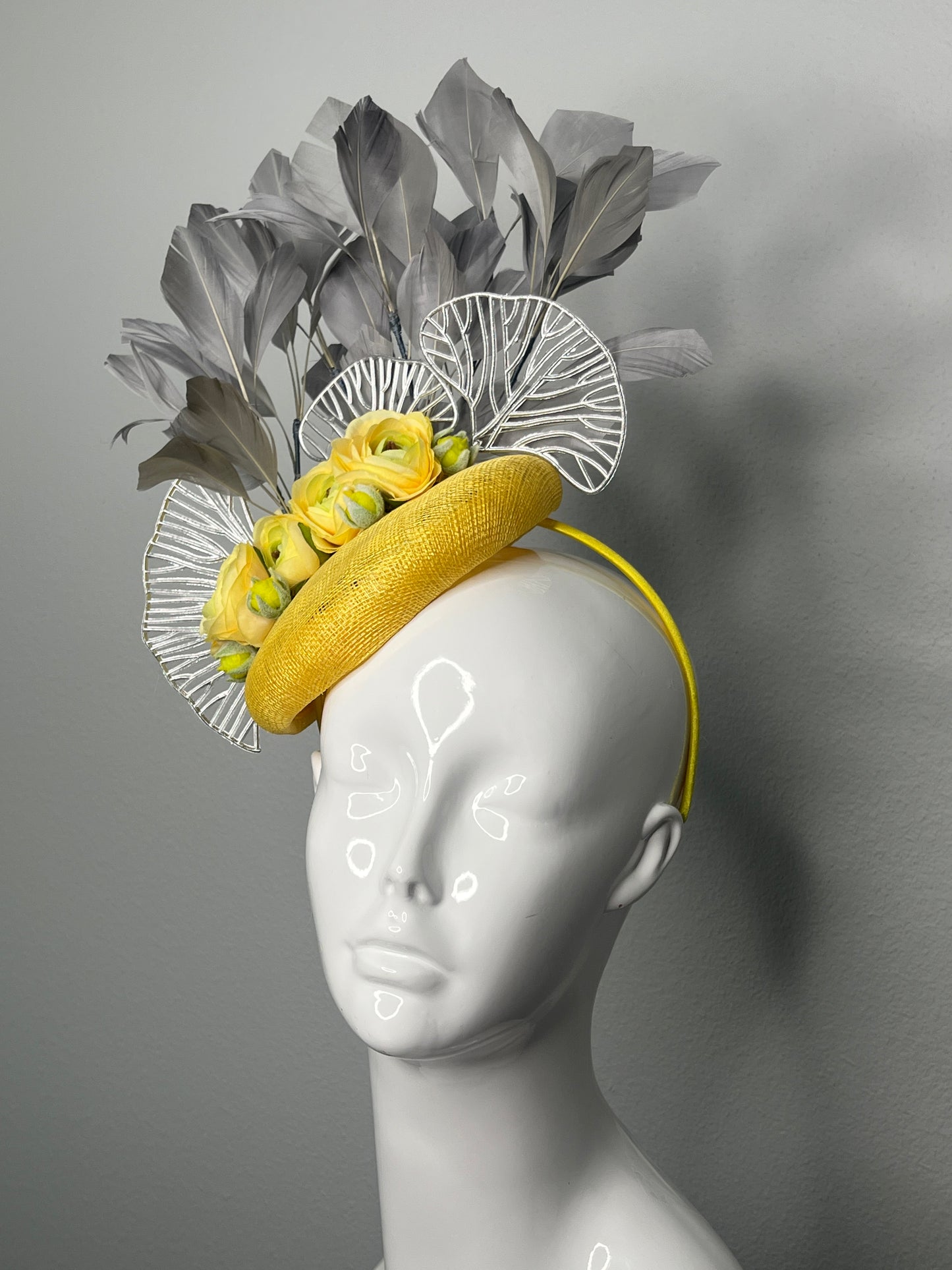 Yellow and Grey Floral Feather Fascinator Hat