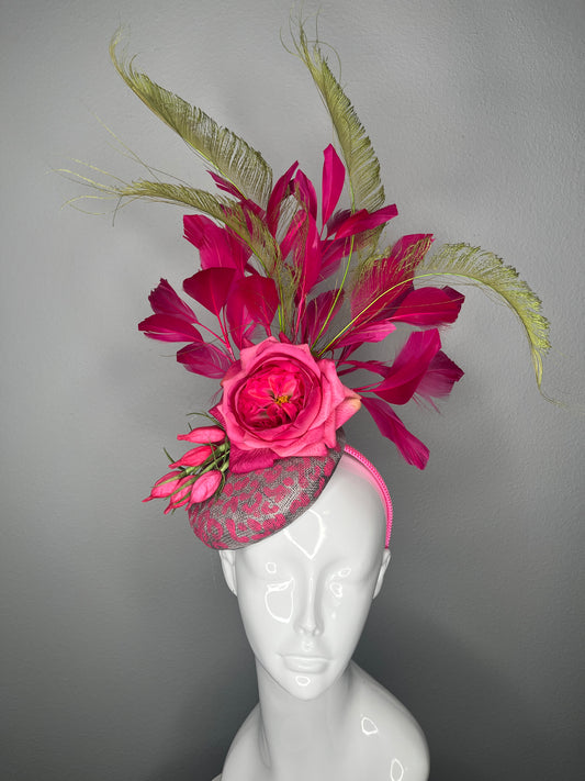 Fuchsia Fantasy Hot Pink Rose and Feather Statement Fascinator