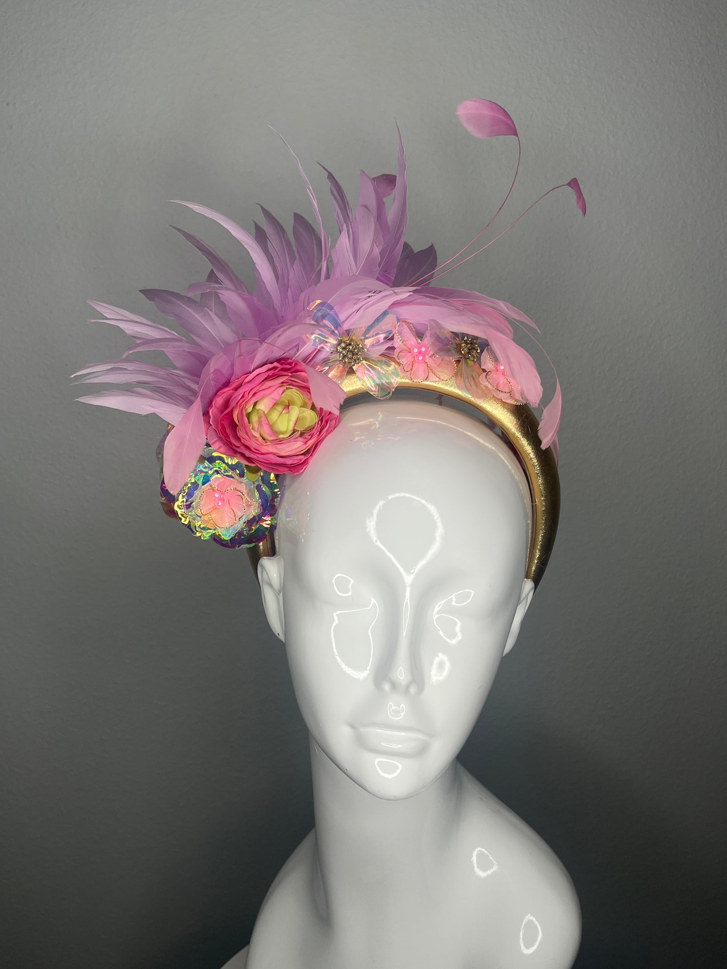 Petals and Stardust Iridescent Floral and Feather Fascinator Hat