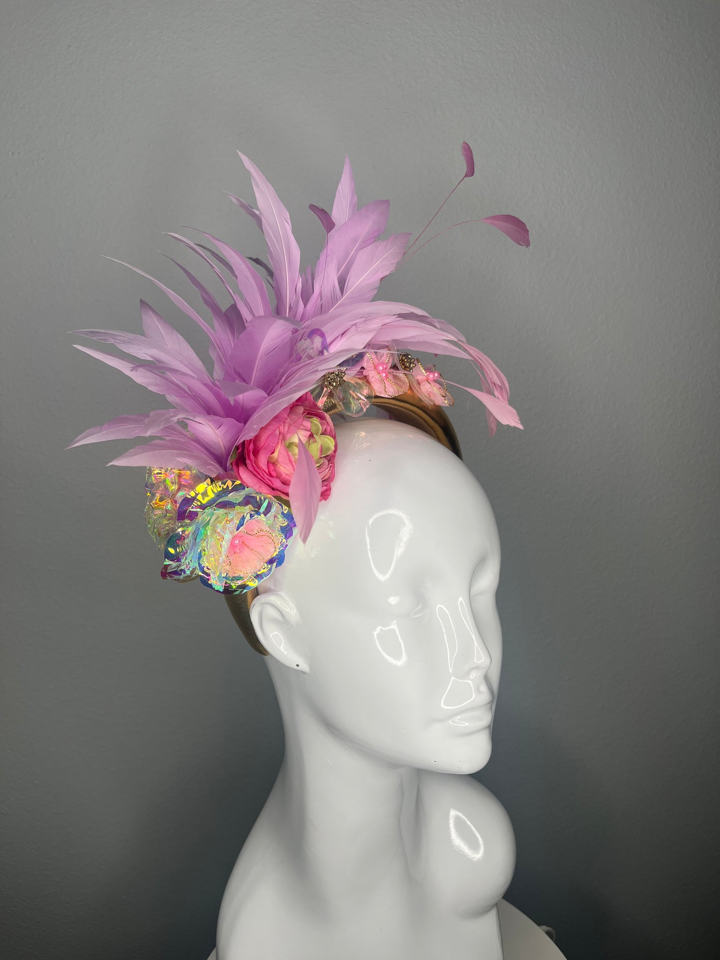Petals and Stardust Iridescent Floral and Feather Fascinator Hat
