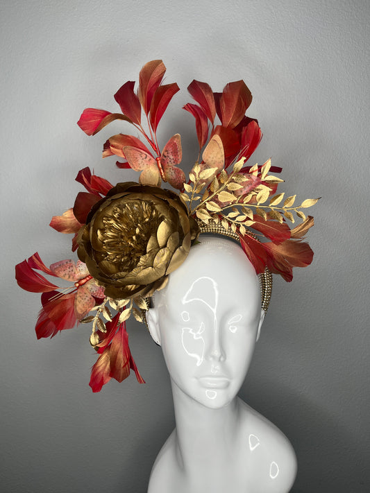 Golden Gilded Ember Feather Fascinator Hat