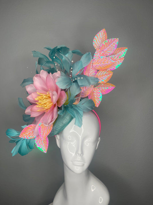Electric Blossom Mint Green and Pink Iridescent Feather Fascinator Hat