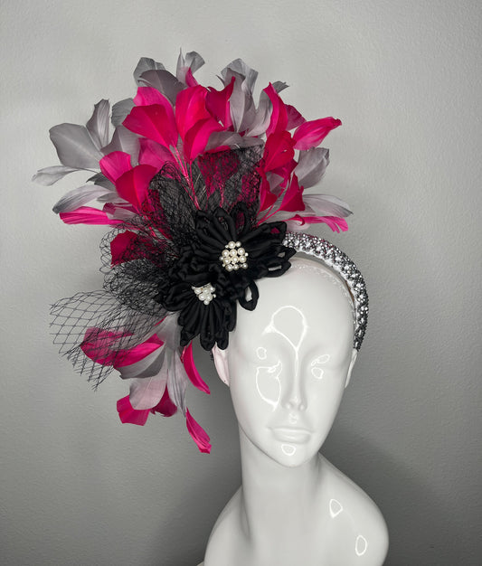 Midnight Rose Revue Pink, Black and Grey Fascinator Hat