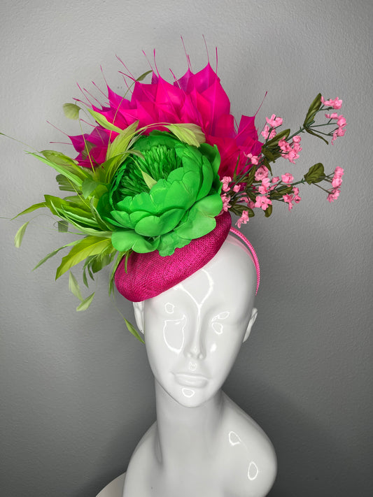 Lime and Hot Pink Tropical Bloom Feather Fascinator Hat