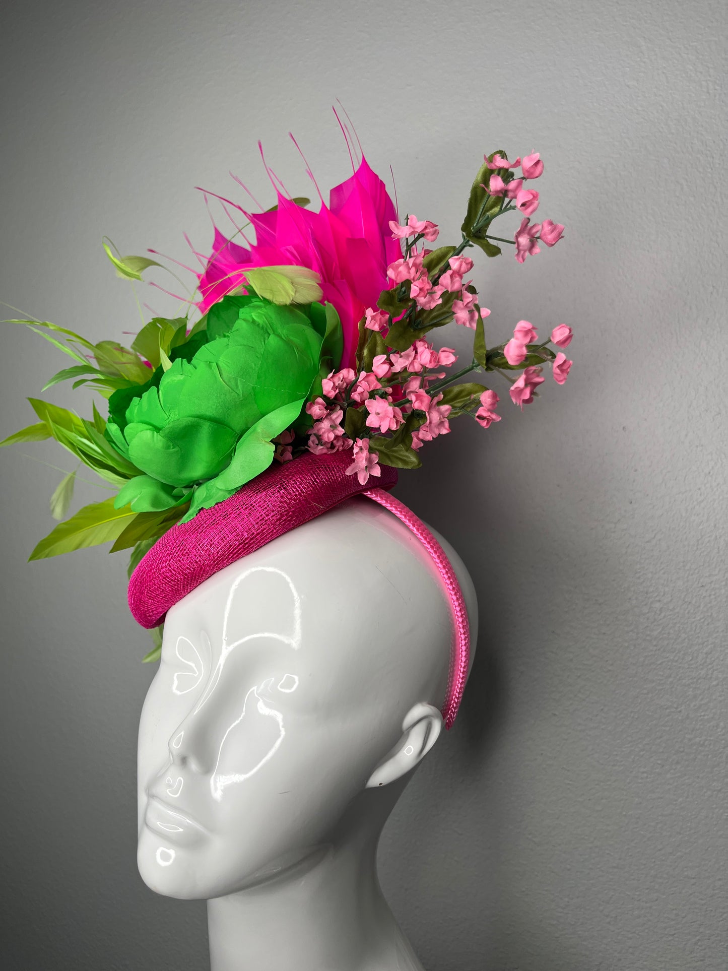 Lime and Hot Pink Tropical Bloom Feather Fascinator Hat