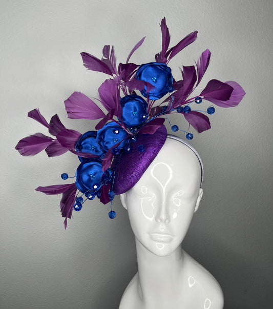Deep Purple and Royal Blue Midnight Bloom Feather Fascinator Hat