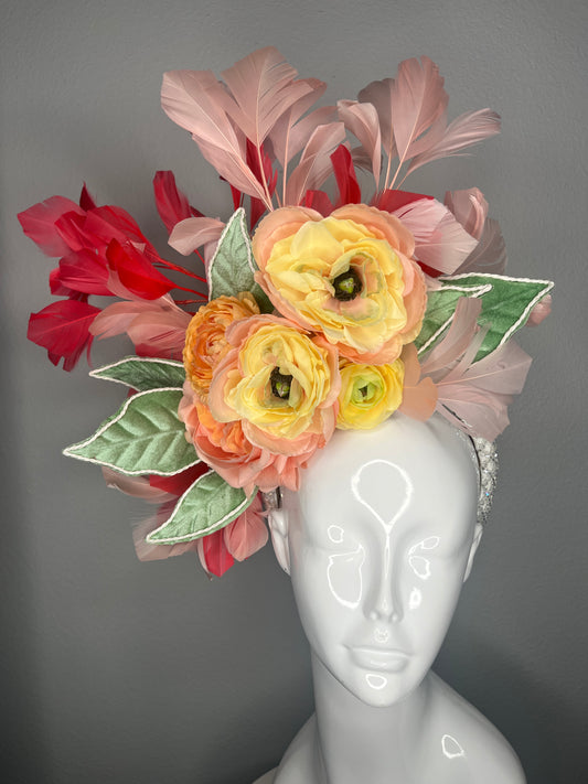 Pink and Coral Sunset Bloom Feather Fascinator Hat