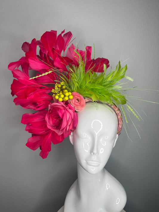 Kentucky Derby Tropical Fuchsia Lime Green Bloom Fascinator Hat