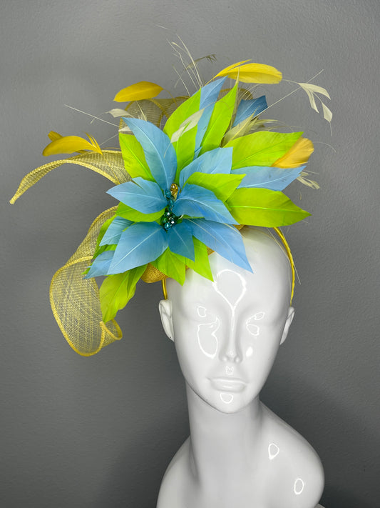 Citrus Breeze Yellow, Green and Blue Feather Fascinator Hat