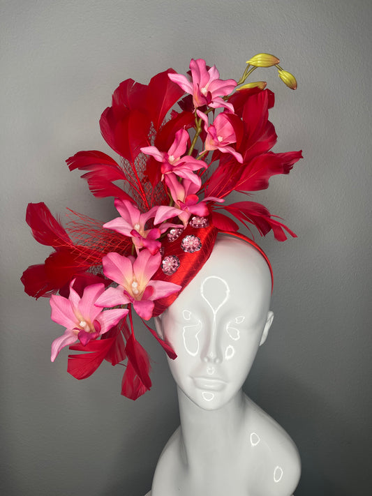 Radiant Red Scarlet Feather and Pink Orchid Fascinator