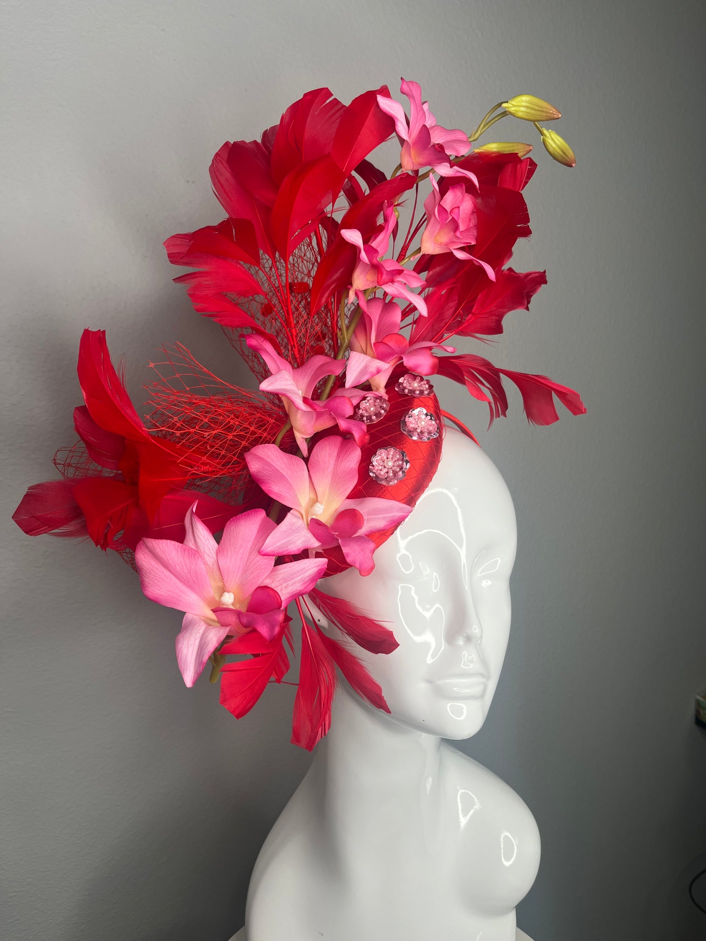 Radiant Red Scarlet Feather and Pink Orchid Fascinator