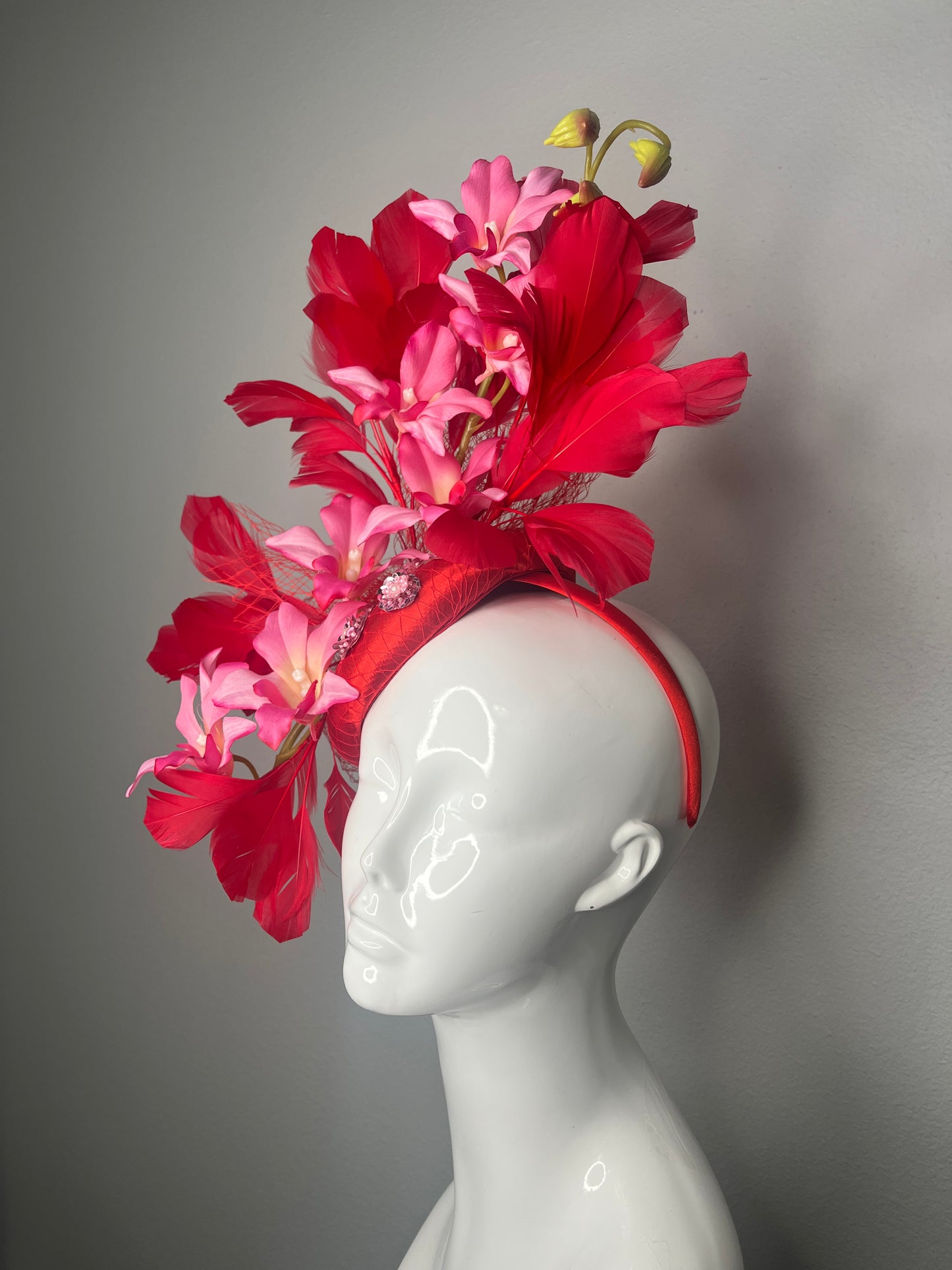 Radiant Red Scarlet Feather and Pink Orchid Fascinator