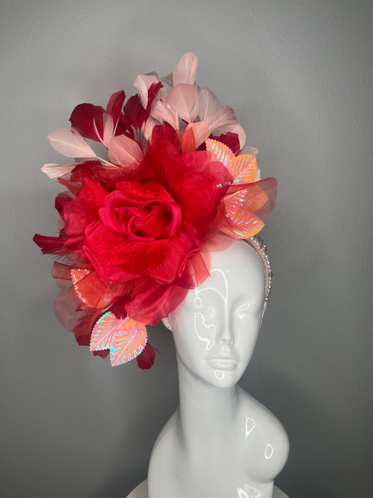 Flaming Rose Red Feather Fantasy Fascinator Hat