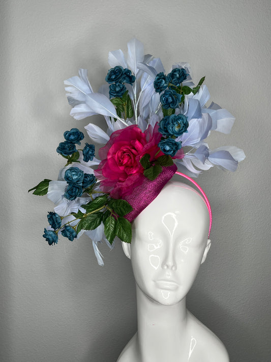 Fuchsia Rose Garden with Mini Blue Roses Feather Fascinator
