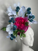 Fuchsia Rose Garden with Mini Blue Roses Feather Fascinator