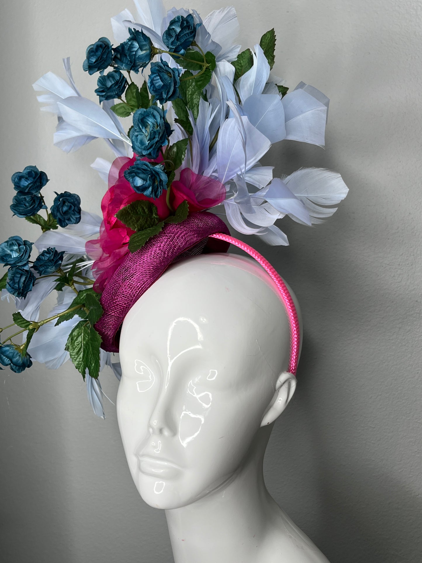 Fuchsia Rose Garden with Mini Blue Roses Feather Fascinator