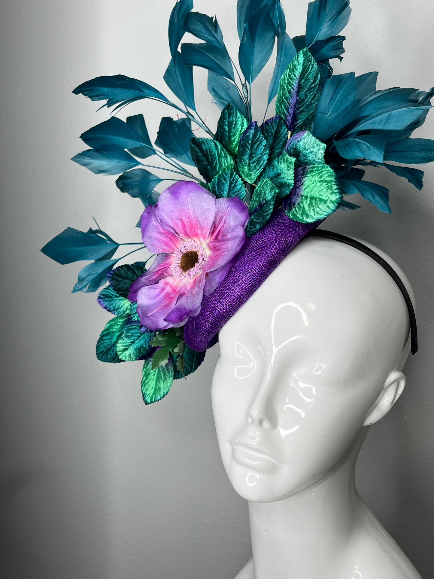 Purple and Teal Vintage Floral Feather Statement Fascinator