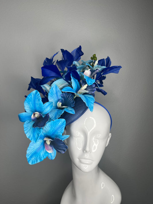 Kentucky Derby Royal Blue Feather Orchid Fascinator Hat