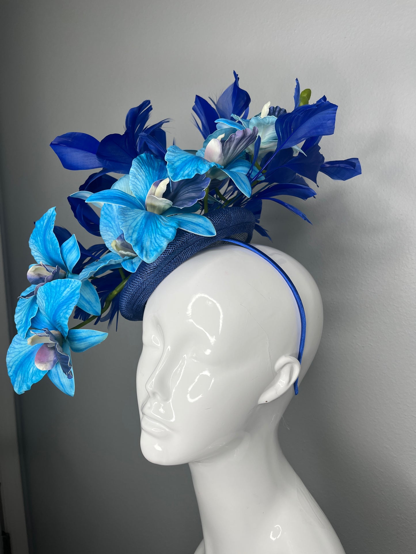 Kentucky Derby Royal Blue Feather Orchid Fascinator Hat