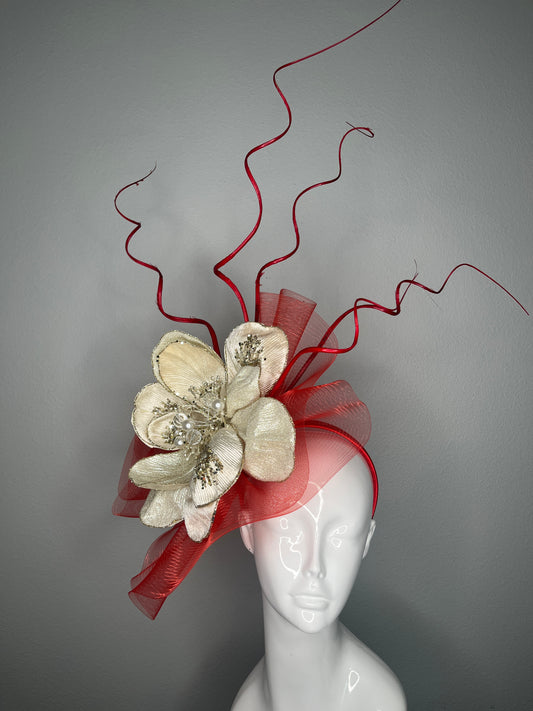 Red & Ivory Statement Fascinator with Sculpted Ribbon and Pearl Floral Accent