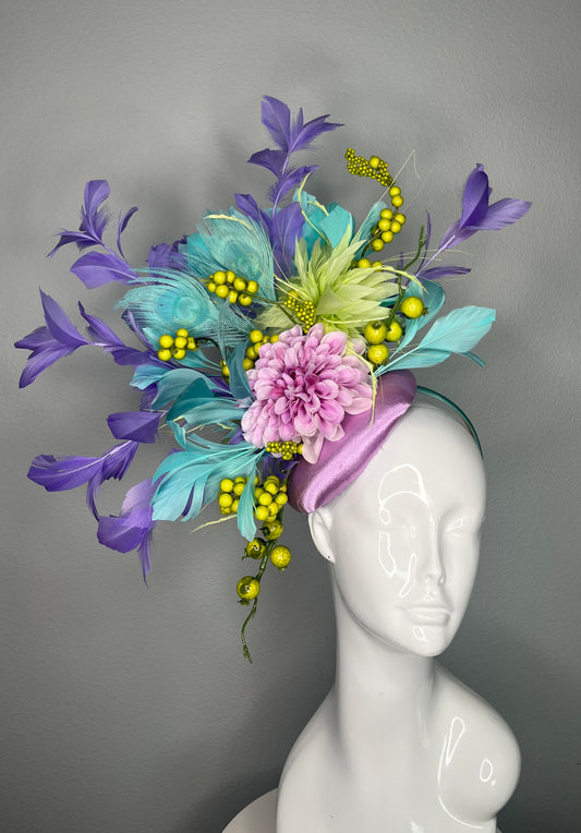 Garden Symphony Feather Fascinator Hat in Lavender Turquoise and Chartreuse