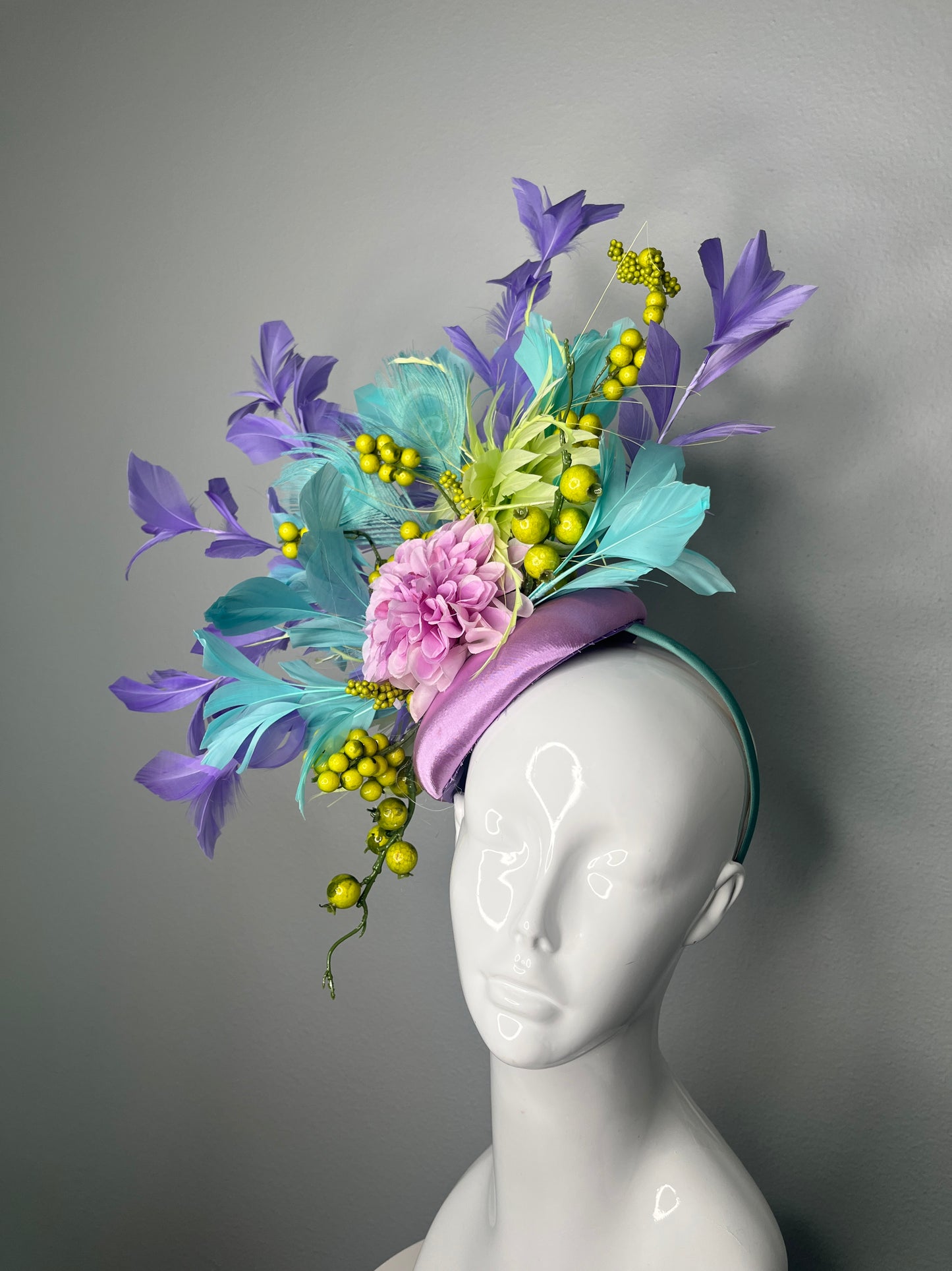 Garden Symphony Feather Fascinator Hat in Lavender Turquoise and Chartreuse