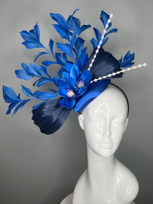 Royal Sapphire Blue Orchid Feather Fascinator Hat