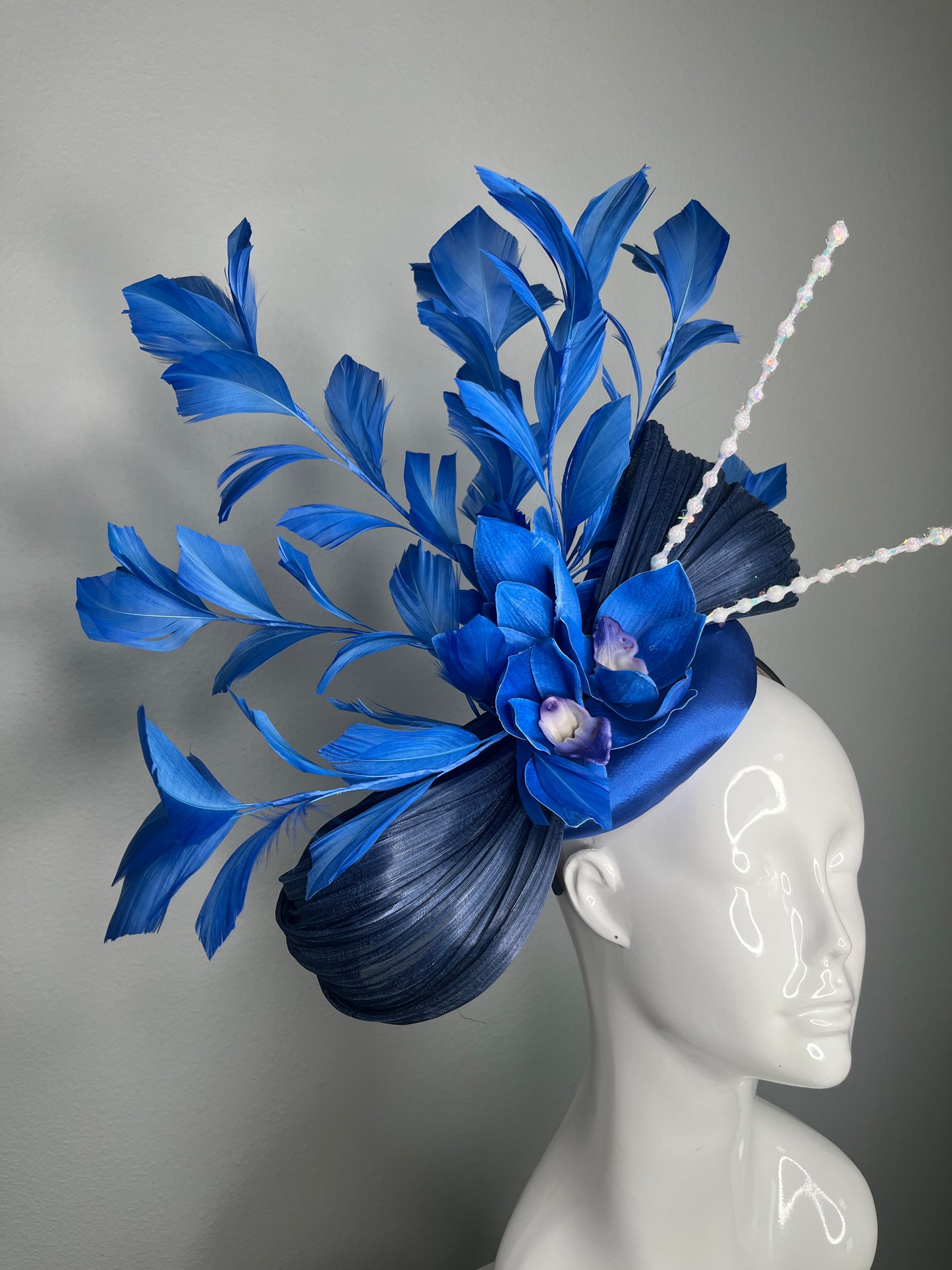 Royal Sapphire Blue Orchid Feather Fascinator Hat