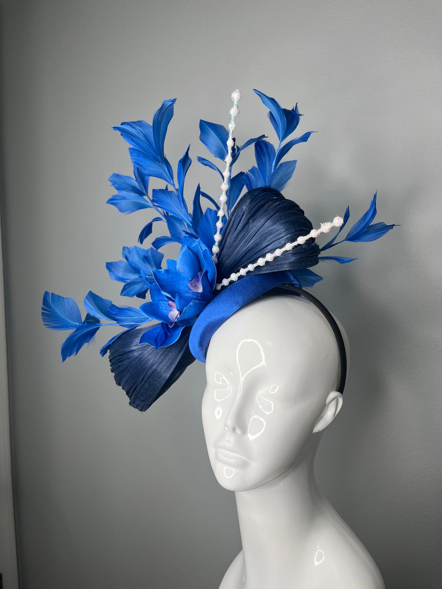Royal Sapphire Blue Orchid Feather Fascinator Hat