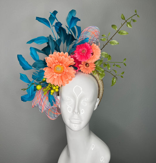 Coral Gerbera Floral and Teal Feather Garden Fascinator