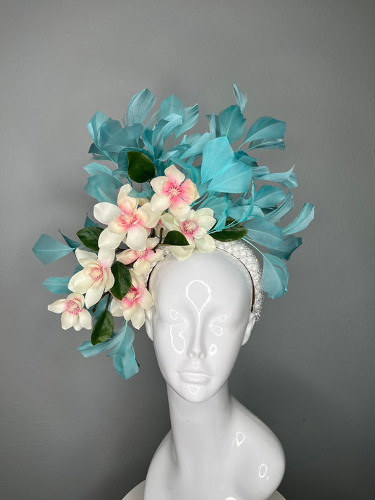 Aqua Magnolia and Feather Statement Fascinator Hat