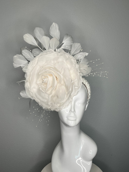 Oversized White Rose Fascinator with Feathers and Pearl Sprays Couture Derby or Wedding Headpiece